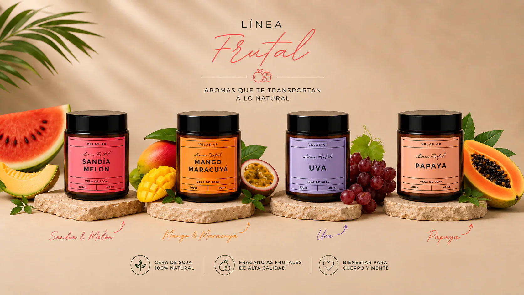Línea Frutal Velas.ar con Sandía Melón, Mango Maracuyá, Uva y Papaya