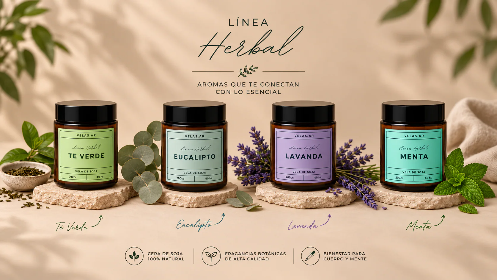 Línea Herbal Velas.ar con Té Verde, Eucalipto, Lavanda y Menta